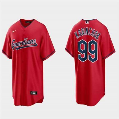 Men's Cleveland Guardians #99James Karinchak Red Cool Base Stitched Jersey