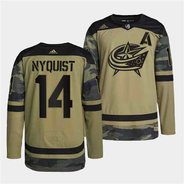 Men's Columbus Blue Jackets #14 Gustav Nyquist 2022 Camo Military Appreciation Night Stitched Jersey