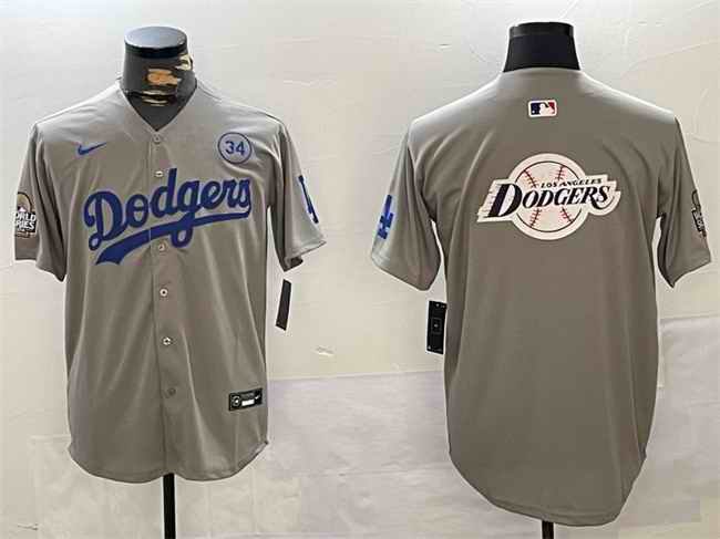 Men's Los Angeles Dodgers Team Big Logo Grey 2024 World Series With No. 34 Patch Limited Stitched Baseball Jersey