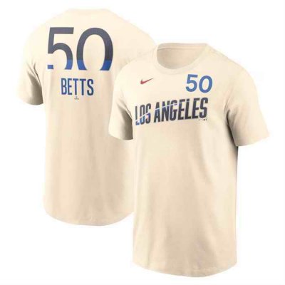 Men's Los Angeles Dodgers #50 Mookie Betts Cream 2024 City Connect Fuse Name & Number T-Shirt