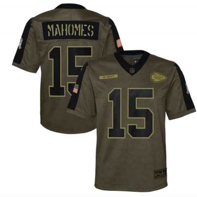 Youth Kansas City Chiefs #15 Patrick Mahomes 2021 Olive Salute To Service Limited Stitched Jersey