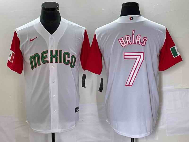 Men's Mexico Baseball #7 Julio Ur'as 2023 White Red World Baseball With Patch Classic Stitched Jersey