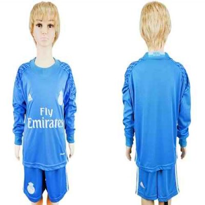 Real Madrid Blank Sky Blue Goalkeeper Long Sleeves Kid Soccer Club Jersey