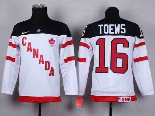 Team Canada #16 Jonathan Toews White 100th Anniversary Stitched Youth NHL Jersey