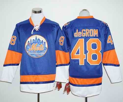 Mets #48 Jacob DeGrom Blue Long Sleeve Stitched MLB Jersey