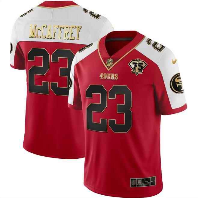 Men's San Francisco 49ers #23 Christian McCaffrey Red Gold With 75th Patch Vapor Limited Stitched Football Jersey