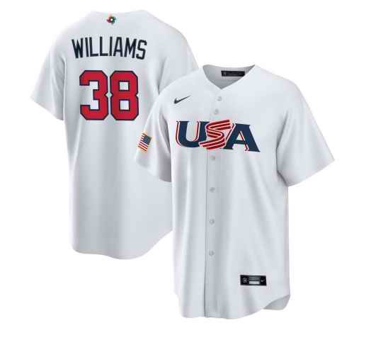 Men's USA Baseball #38 Devin Williams 2023 White World Baseball Classic Stitched Jersey