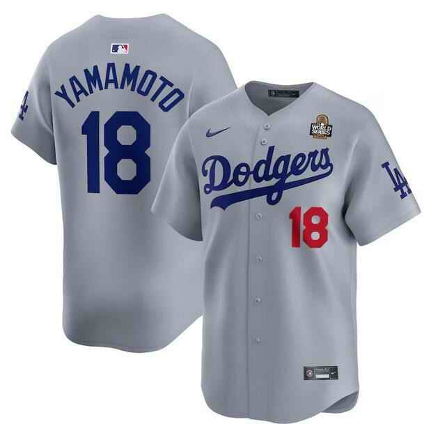 Men's Los Angeles Dodgers #18 Yoshinobu Yamamot Grey 2024 World Series Alternate Limited Stitched Baseball Jersey