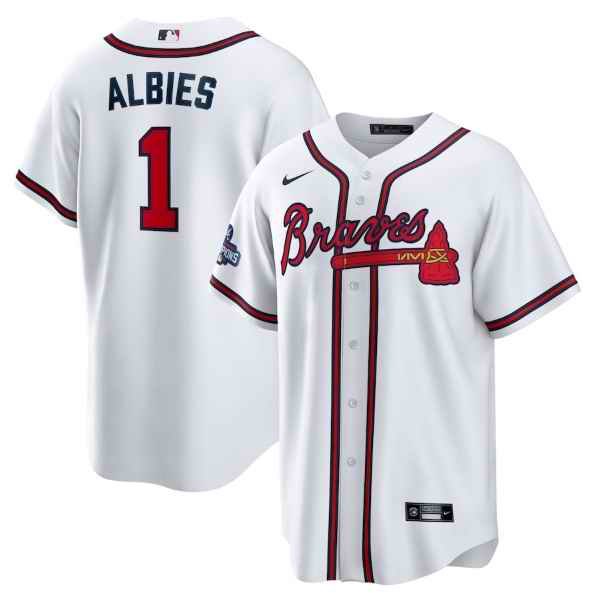 Men's Atlanta Braves #1 Ozzie Albies 2021 White World Series Champions Cool Base Stitched Jersey