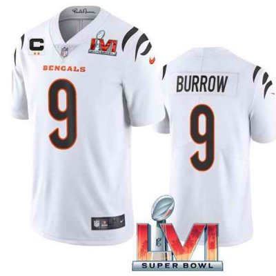 Women's Cincinnati Bengals #9 Joe Burrow 2022 White With C Patch Super Bowl LVI Vapor Limited Stitched Jersey(Run Small)