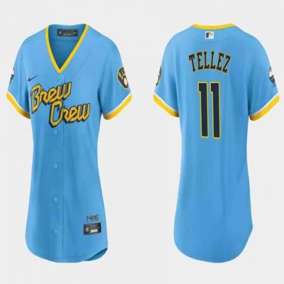 Women's Milwaukee Brewers #11 Rowdy Tellez 2022 Powder Blue City Connect Cool Base Stitched Jersey(Run Small)