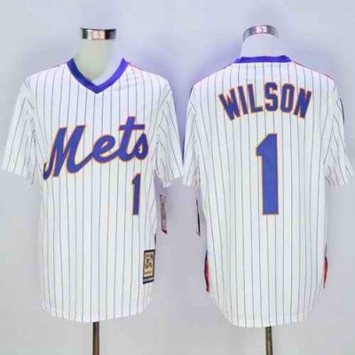 Mitchell and Ness Mets #1 Mookie Wilson Stitched White Blue Strip Throwback MLB Jersey