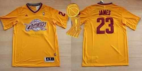 Cavaliers #23 LeBron James Yellow Throwback Short Sleeve The Champions Patch Stitched NBA Jersey