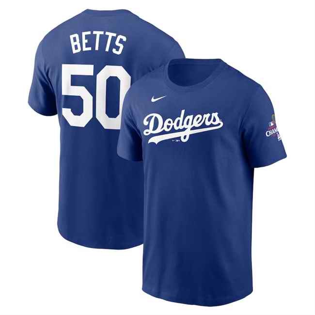 Men's Los Angeles Dodgers #50 Mookie Betts Royal 2024 World Series Champions Name & Number T-Shirt