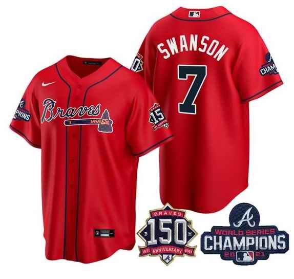 Women's Atlanta Braves #7 Dansby Swanson 2021 Red World Series Champions With 150th Anniversary Patch Cool Base Stitched Jersey(Run Small)