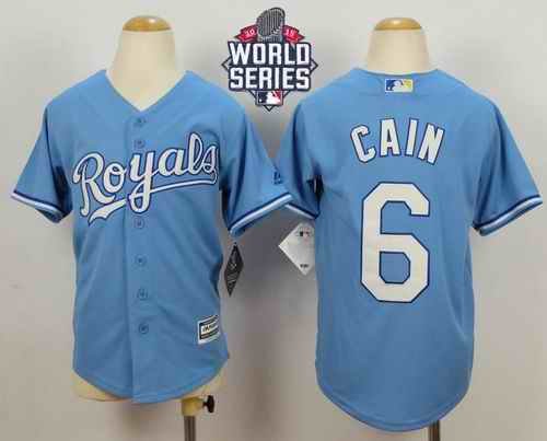 Royals #6 Lorenzo Cain Blue Cool Base Alternate 1 W/2015 World Series Patch Stitched Youth MLB Jersey