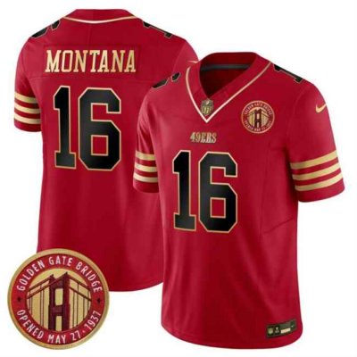 Men's San Francisco 49ers #16 Joe Montana Red F.U.S.E. Golden Gate Bridge Patch Balck Scarlet Vapor Limited Stitched Football Jersey