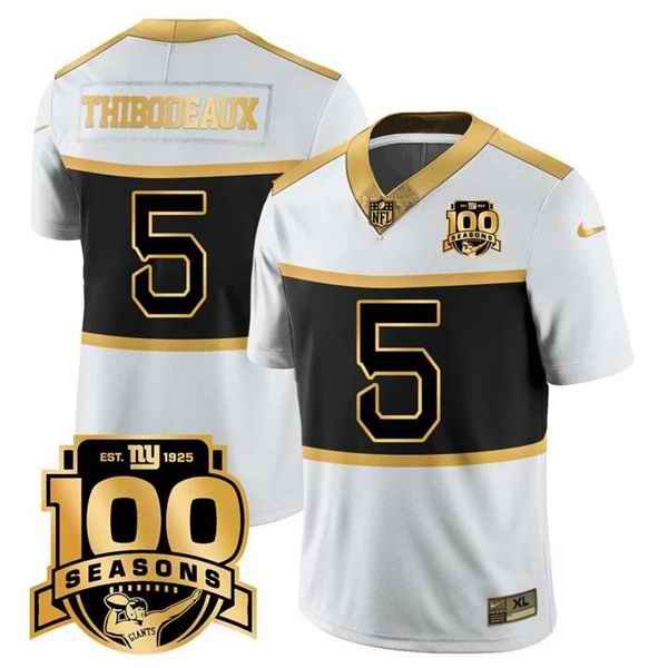 Men's New York Giants #5 Kayvon Thibodeaux White Gold 100TH Season Commemorative Patch Limited Stitched Football Jersey