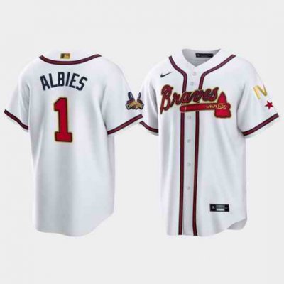 Youth Atlanta Braves #1 Ozzie Albies 2022 White/Gold World Series Champions Program Cool Base Stitched Jersey