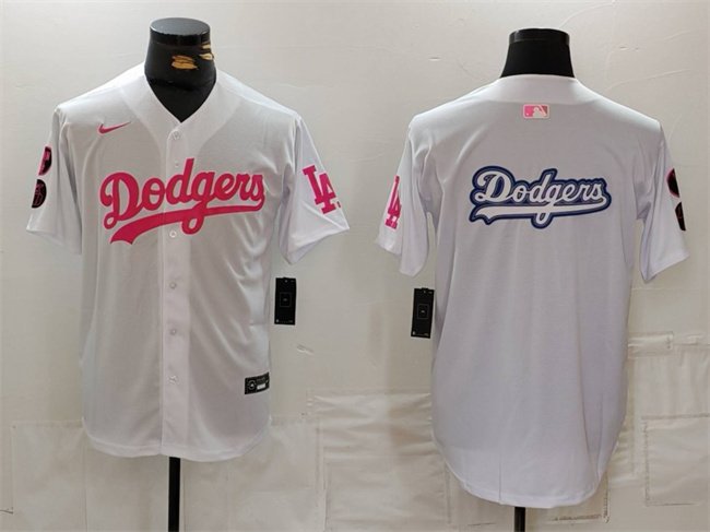 Men's Los Angeles Dodgers Team Big Logo White/Pink Vin & Kobe Patch Stitched Baseball Jersey