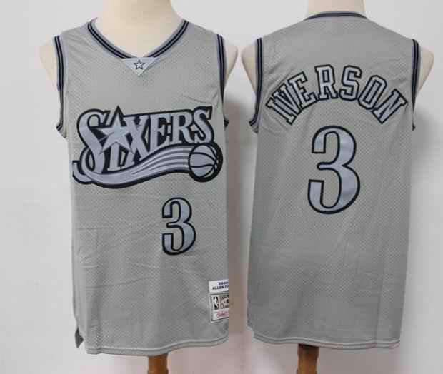 Men's Philadelphia 76ers #3 Allen Iverson Grey Throwback Stitched Basketball Jersey