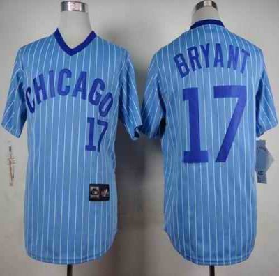 Cubs #17 Kris Bryant Blue(White Strip) Cooperstown Throwback Stitched MLB Jersey