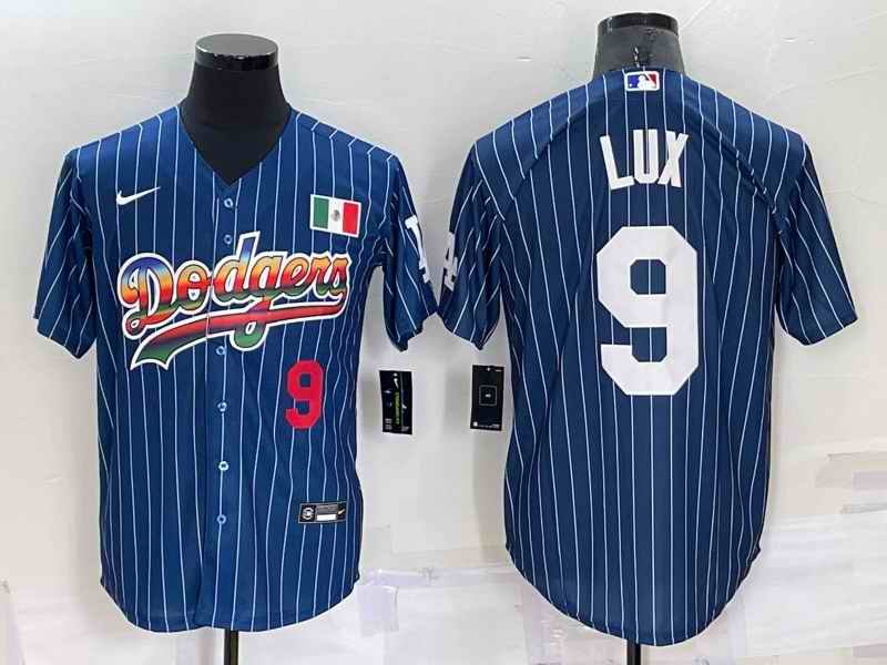 Men's Los Angeles Dodgers #9 Gavin Lux Navy Mexico Rainbow Cool Base Stitched Baseball Jersey