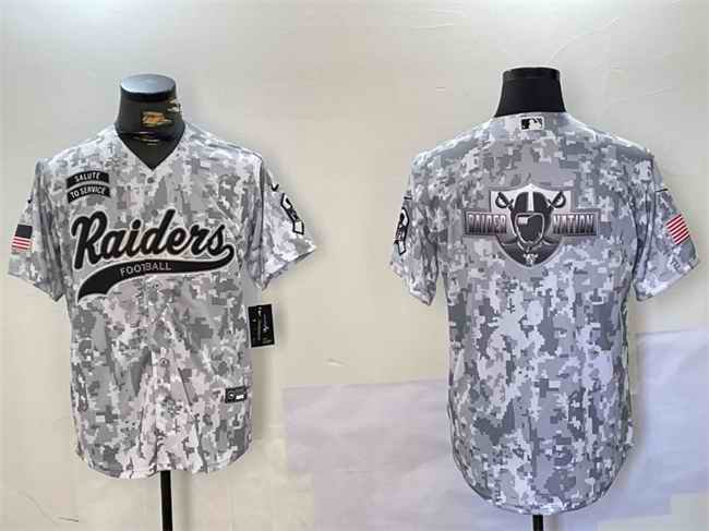 Men's Las Vegas Raiders Team Big Logo 2024 Arctic Camo Salute to Service Stitched Baseball Jersey