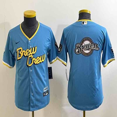 Youth Milwaukee Brewers Powder Blue Team Big Logo City Connect Stitched Jersey