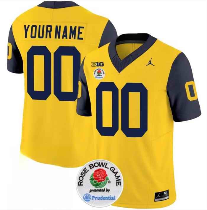 Men's Michigan Wolverines ACTIVE PLAYER Custom 2023 F.U.S.E. Yellow/Navy Rose Bowl Patch Stitched Jersey