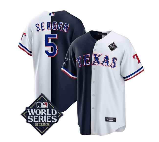 Men's Texas Rangers & Cowboys #5 Corey Seager Navy/White 2023 World Series Splite Stitched Baseball  Jersey