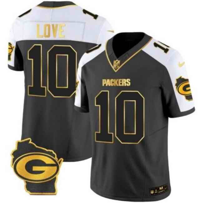 Men's Green Bay Packers #10 Jordan Love Black/White Gold 2024 F.U.S.E. Home Patch Vapor Untouchable Limited Stitched Jersey