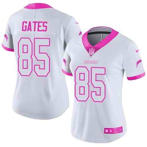 Nike Chargers #85 Antonio Gates White/Pink Women's Stitched NFL Limited Rush Fashion Jersey