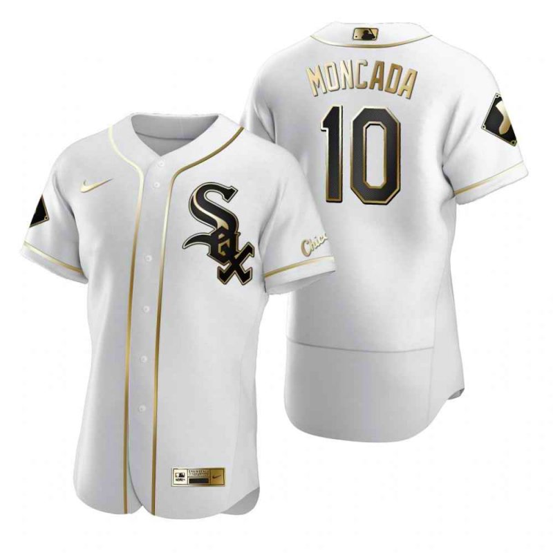 Men's Chicago White Sox #10 Yo'n Moncada White Golden Flex Base Stitched MLB Jersey