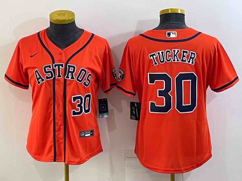 Women's Houston Astros #30 Kyle Tucker Orange With Patch Cool Base Stitched Baseball Jersey(Run Small)