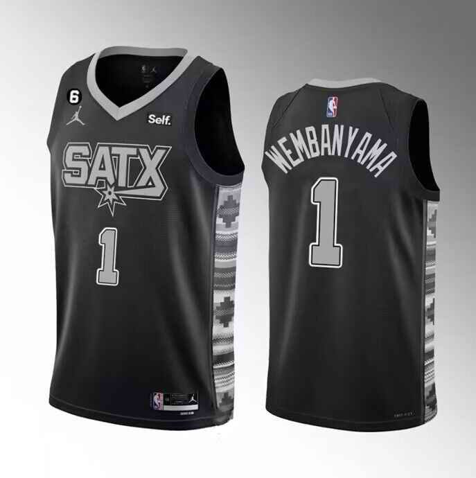 Men's San Antonio Spurs #1 Victor Wembanyama Black 2022/23 Statement Edition With NO.6 Patch Stitched Basketball Jersey