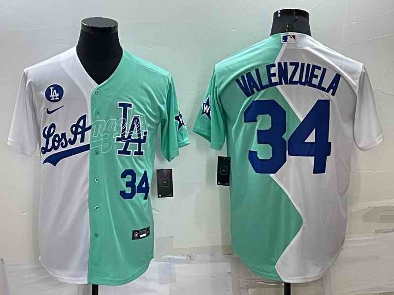 Men's Los Angeles Dodgers #34 Fernando Valenzuela 2022 All-Star White/Green Cool Base Stitched Baseball Jersey