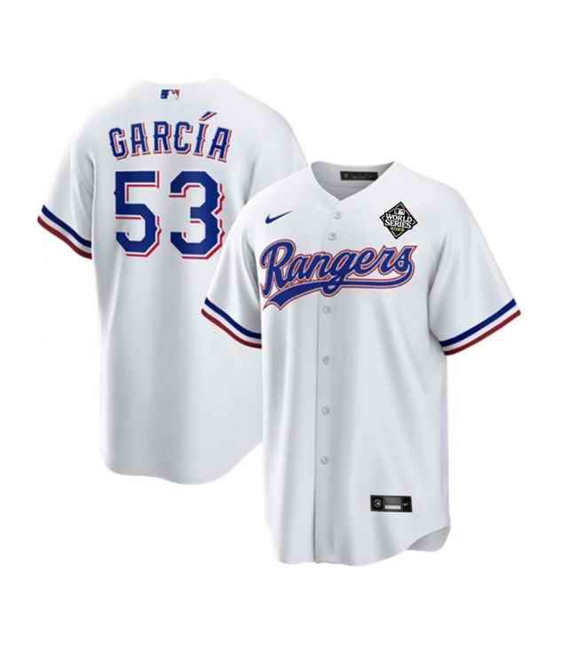 Men's Texas Rangers #53 Adolis Garc'a White 2023 World Series Stitched Baseball  Jersey