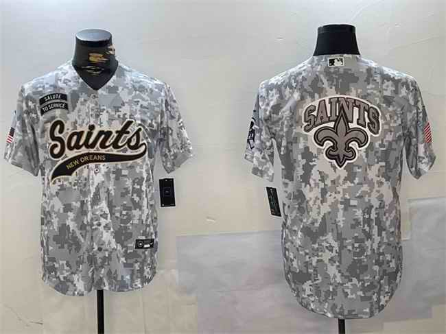 Men's New Orleans Saints Team Big Logo 2024 Arctic Camo Salute to Service Stitched Baseball Jersey