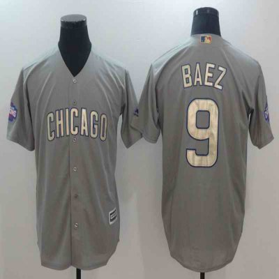 Men's Chicago Cubs #9 Javier Baez Gray World Series Champions Gold Program Cool Base Stitched MLB  Jersey