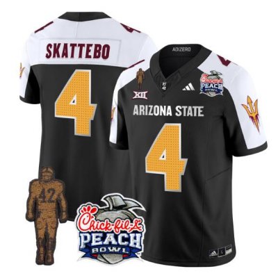 Men's Arizona State Sun Devils #4 Cam Skattebo 2024 F.U.S.E. Black/White Pat Tillman & Peach Bowl Patch Vapor Limited Stitched Jersey