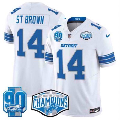 Men's Detroit Lions #14 Amon-Ra St. Brown White 2024 NFC North Champions 90th Anniversary Patch F.U.S.E. Vapor Limited Stitched Jersey