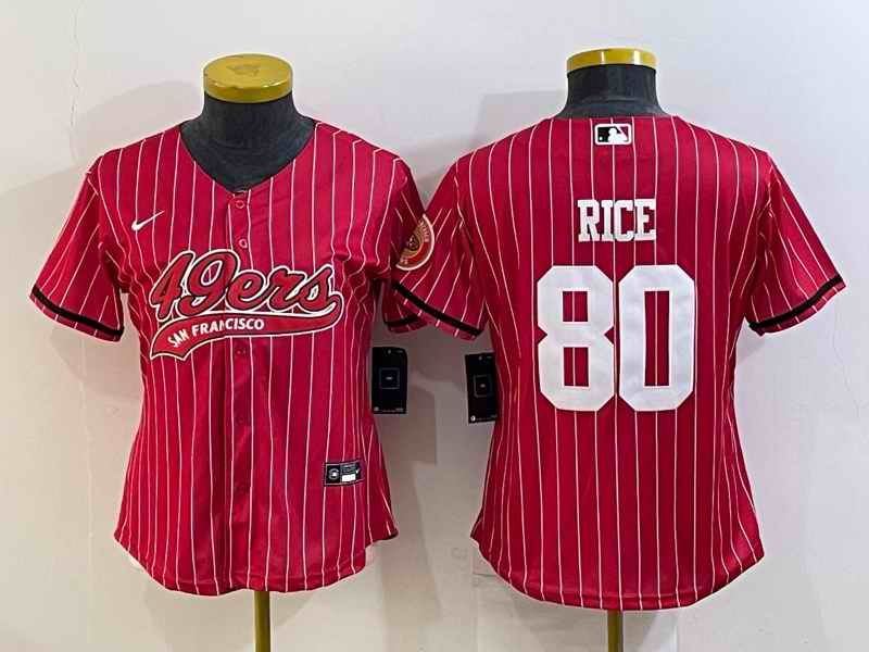 Women's San Francisco 49ers #80 Jerry Rice Red With Patch Cool Base Stitched Baseball Jersey(Run Small)