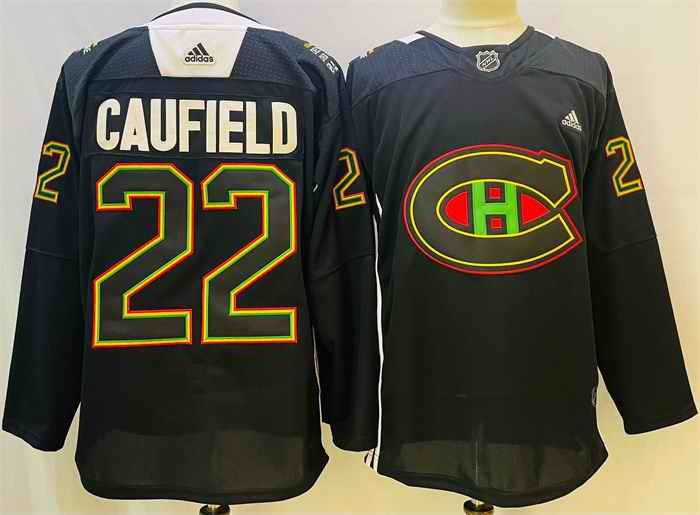 Men's Montreal Canadiens #22 Cole Caufield 2022 Black Warm Up History Night  Stitched Jersey