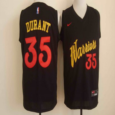 Men's Nike Golden State Warriors #35 Kevin Durant Black and Red Stitched NBA Jersey