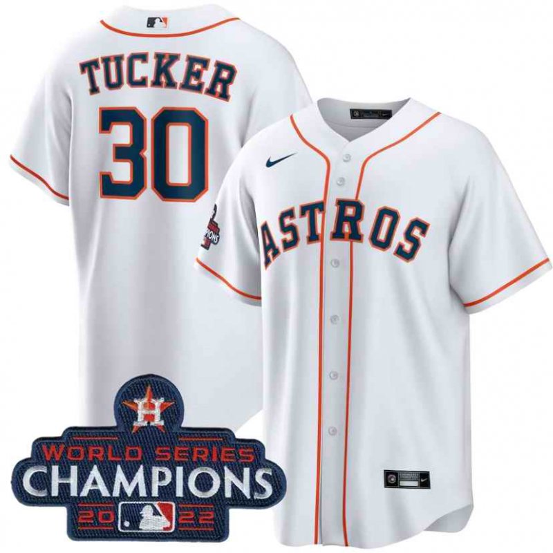 Men's Houston Astros #30 Kyle Tucker White 2022 World Series Champions Home Stitched Baseball Jersey