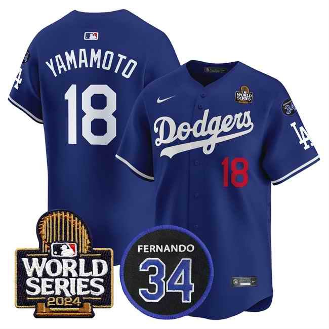 Men's Los Angeles Dodgers #18 Yoshinobu Yamamoto Royal 2024 World Series With Fernando Memorial Patch Limited Stitched Baseball Jersey