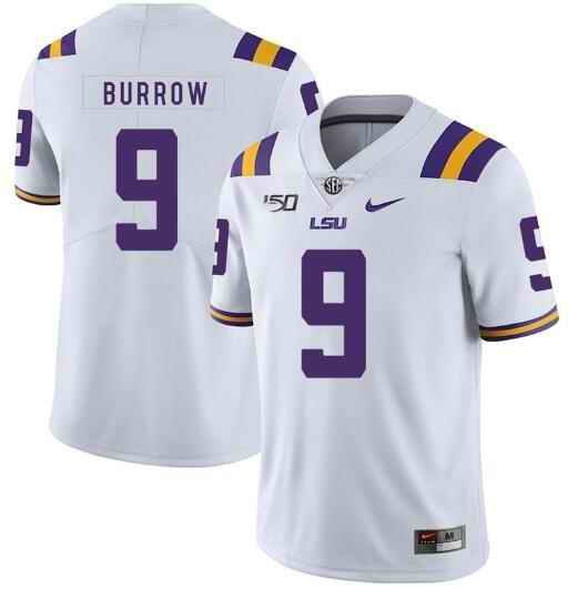 Men's LSU Tigers #9 Joe Burrow 2019 White 150th Anniversary Stitched NCAA Jersey