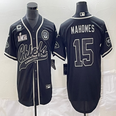 Men's Kansas City Chiefs #15 Patrick Mahomes Black With 4-star C Patch And Super Bowl LVII Patch Cool Bae Stitched Baseball Jersey