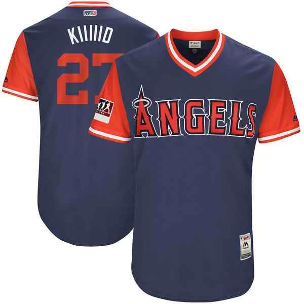 Men's Los Angeles Angels #27 Mike Trout Kiiiiid Majestic Navy/Red 2018 Players' Weekend Authentic Stitched MLB Jersey